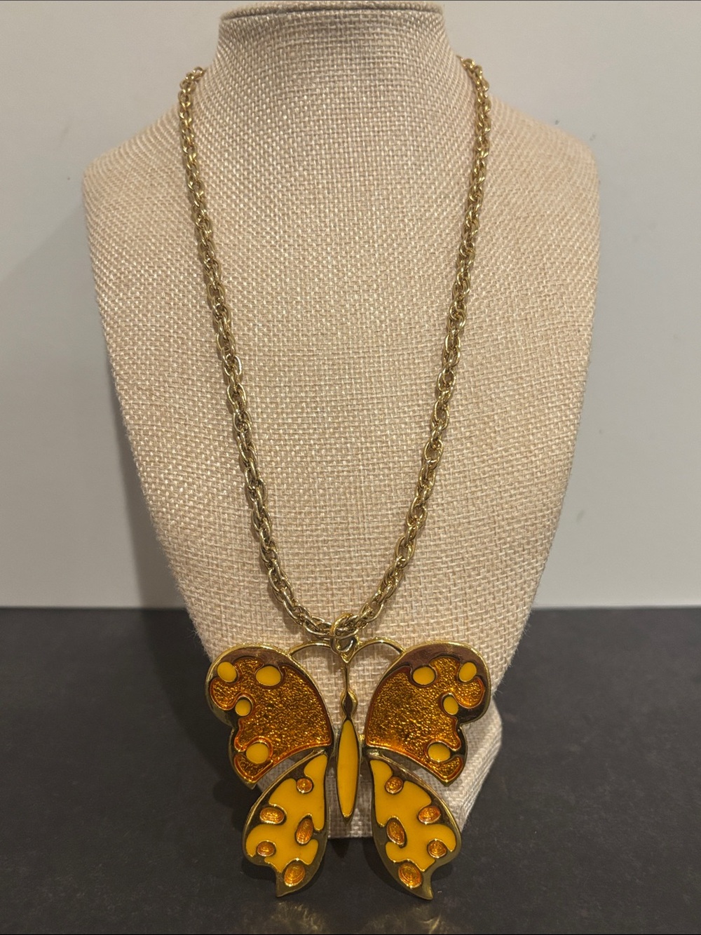 Vintage Signed PLO PL Butterfly Statement Pendant Necklace Heavy Gold Tone RARE